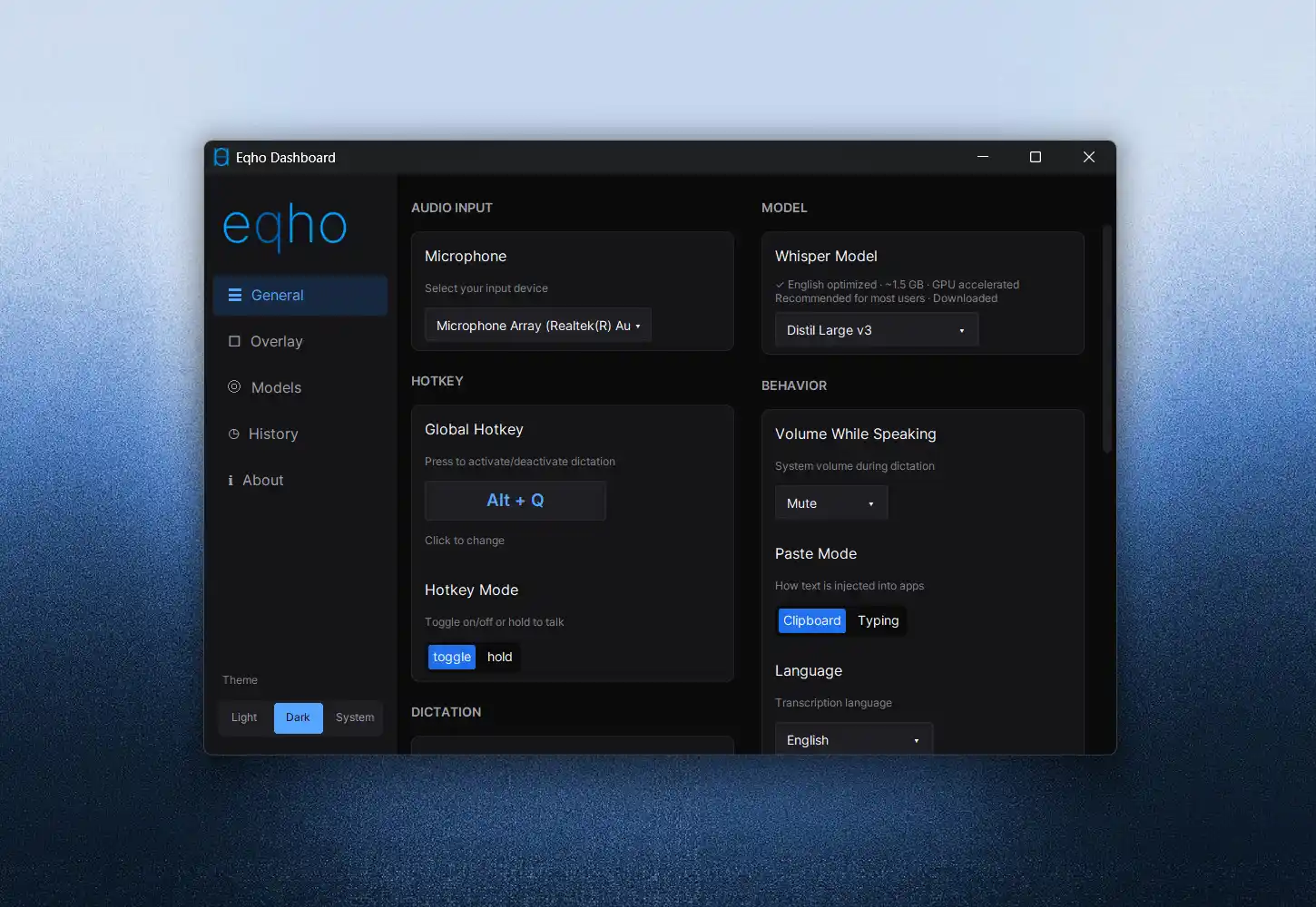 The Eqho dashboard — model picker, hotkey, history and settings