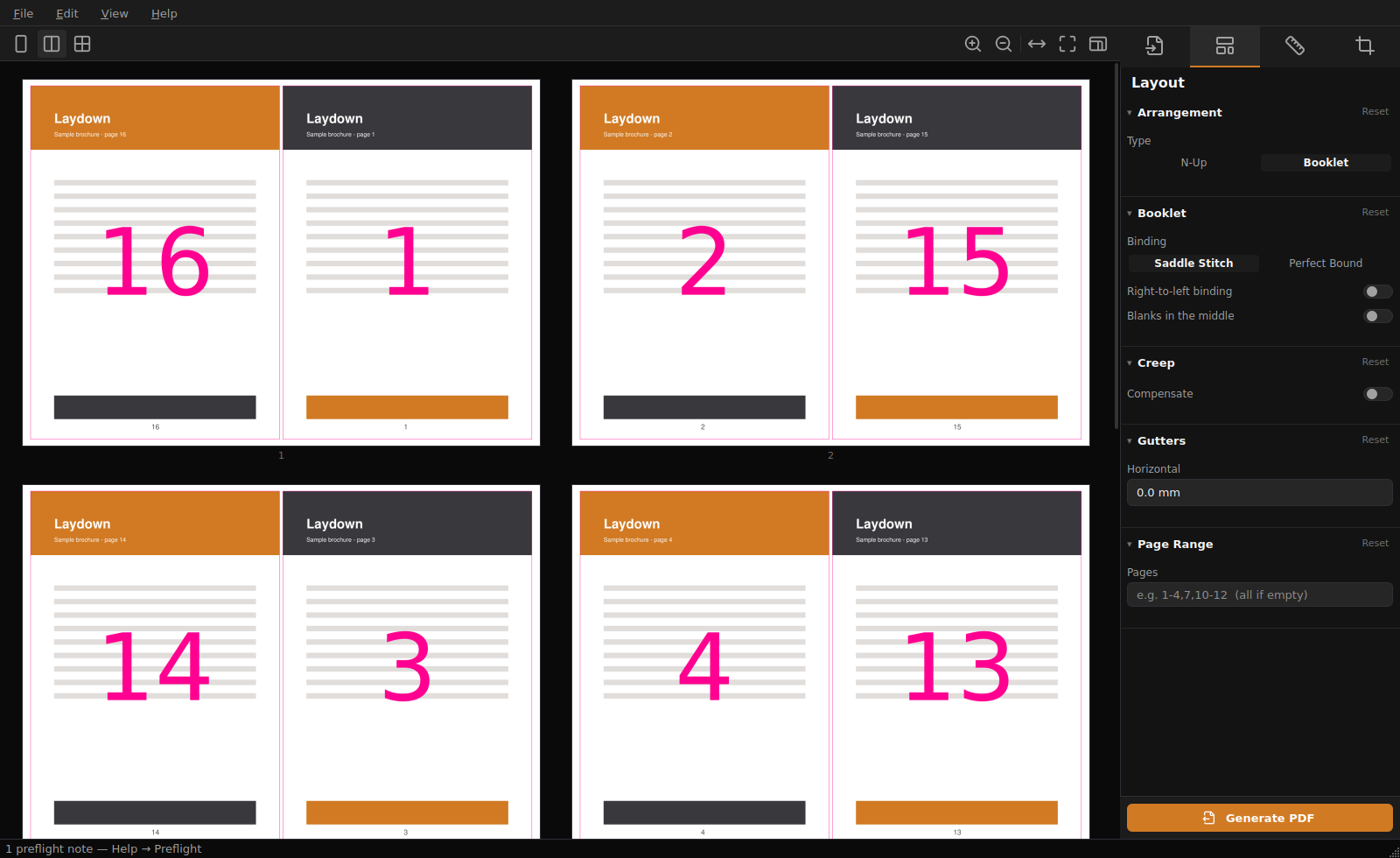 Laydown laying a 16-page booklet out on A3 sheets, with the settings panel showing booklet binding, creep and gutter controls