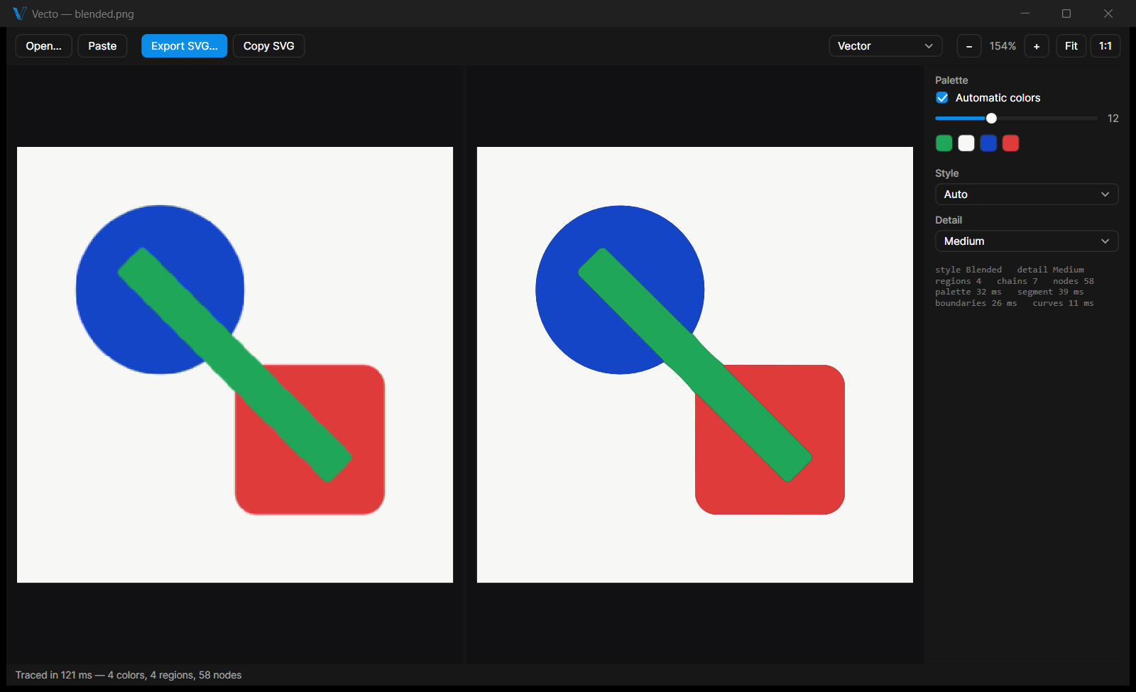 Vecto app — a bitmap image on the left, its traced vector version on the right, with palette and tracing settings in a dark interface